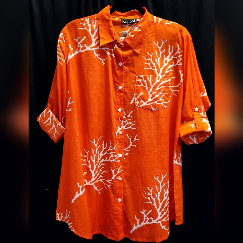 Kiki Sol - Papaya coral, over sized boyfriend shirt with roll up button sleeves
